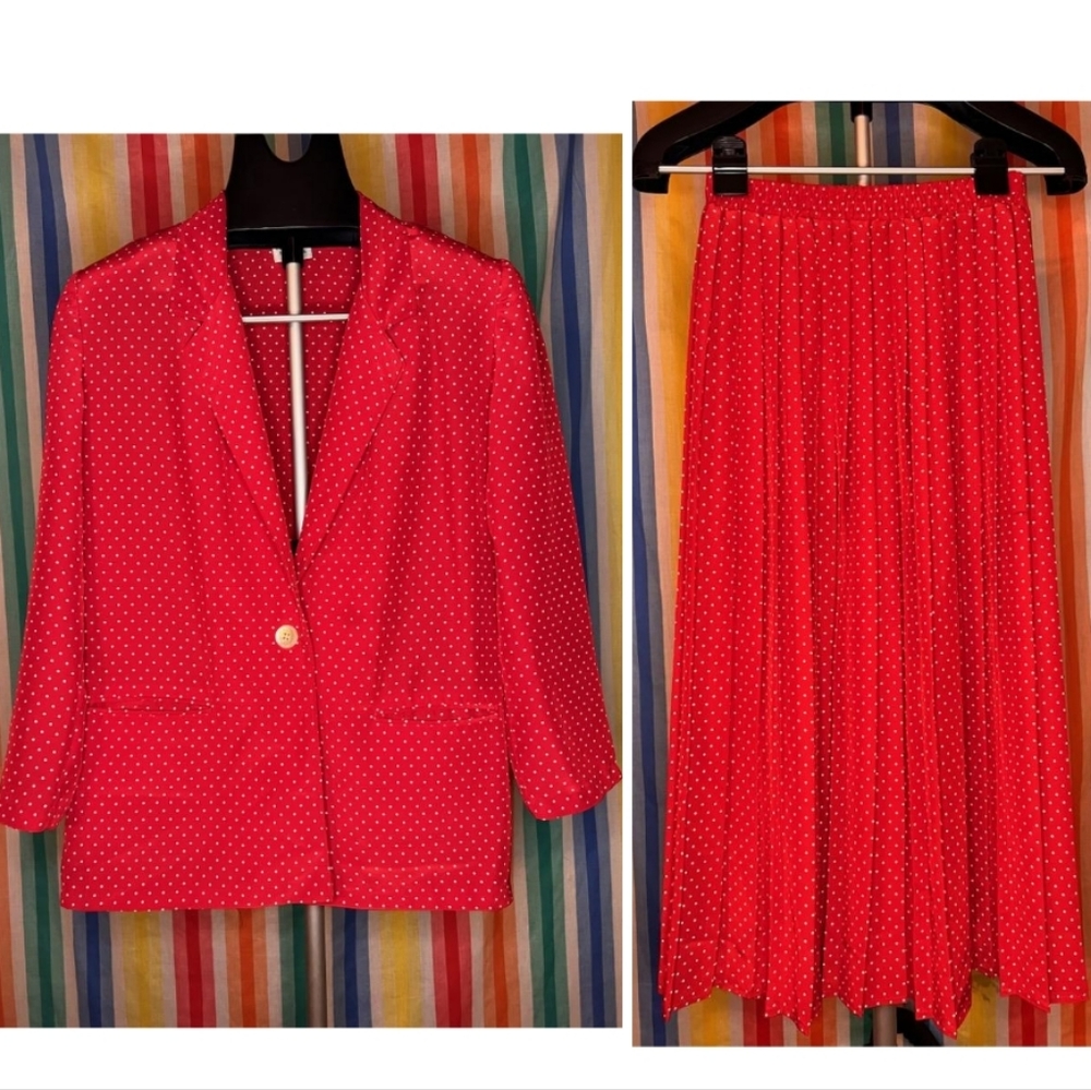 2 Piece Vintage Red Polka Dot Dress Suit, Blazer and Skirt by Russ Petites